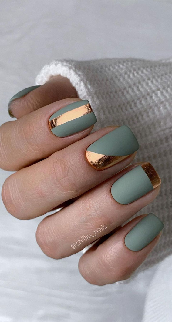 Stylish Nail Art Designs That Pretty From Every Angle : Green matte and gold  nails